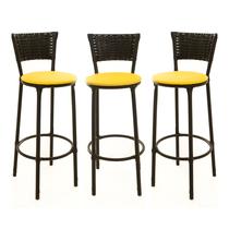 KIT 3 Banquetas Alta Encapada Junco Preto Area de Lazer Cozinha Balcão