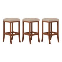 Kit 3 Banquetas Alta Estofada Barcelona 38x74Cm Bancada Bar Madeira Maciça Castanho Suede Bege - CCS Kit 3 Banquetas Alta Estofada Barcelona 38x74Cm Bancada Bar Madeira Maciça Castanho Suede Bege - CCS