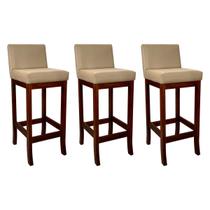 Kit 3 Banquetas Alta Estofada em Madeira Maciça Castanho Melody Suede Bege