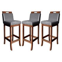 Kit 3 Banquetas Alta para Cozinha Americana Milão Madeira Castanho Suede Cinza CCS