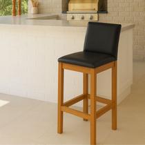 Kit 3 Banquetas Alta Pérola com Encosto Estofada em Couro Pu Preto Madeira Maciça Castanho Kit 3 Banquetas Alta Pérola com Encosto Estofada em Couro Pu Preto Madeira Maciça Castanho