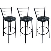 Kit 3 Banquetas Alta Preta com Encosto Assento Floral Preto Jaddi