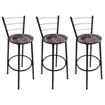 Kit 3 Banquetas Alta Preta com Encosto Assento Folhagem Marrom Jaddi