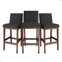 Kit 3 Banquetas Altas 70cm Gold Montada Estofadas com Encosto Linho Madeira Maciça para Cozinha Bancada Gourmet Bistrô Americana Ilha