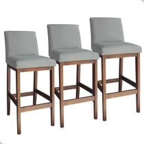 Kit 3 Banquetas Altas 70cm Montada Estofadas com Encosto Linho Madeira Maciça para Cozinha Bancada Gourmet Bistrô Americana Ilha Gold