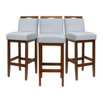 Kit 3 Banquetas Altas 75cm Cozinha De Madeira Maciça Estofada Com Encosto Bancada Americana Área Gourmet Linho Kit 3 Banquetas Altas 75cm Cozinha De Madeira Maciça Estofada Com Encosto Bancada Americana Área Gourmet Linho