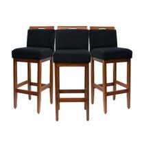 Kit 3 Banquetas Altas 75cm Cozinha De Madeira Maciça Estofada Com Encosto Bancada Americana Área Gourmet Linho