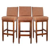 Kit 3 Banquetas Altas com Encosto Madeira Maciça Estofado em Material Sintético Marrom Cozinha Americana Bar Bancada Gourmet Kit 3 Banquetas Altas com Encosto Madeira Maciça Estofado em Material Sintético Marrom Cozinha Americana Bar Bancada Gourmet