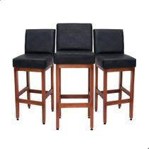 Kit 3 Banquetas Altas com Encosto Madeira Maciça Estofado em Material Sintético Marrom Cozinha Americana Bar Bancada Gourmet
