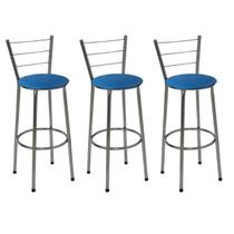 Kit 3 Banquetas Altas Cromada com Encosto Assento Azul Kit 3 Banquetas Altas Cromada com Encosto Assento Azul
