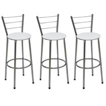 Kit 3 Banquetas Altas Cromada com Encosto Assento Branco Kit 3 Banquetas Altas Cromada com Encosto Assento Branco