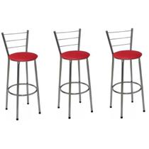 Kit 3 Banquetas Altas Cromada com Encosto Assento Vermelho