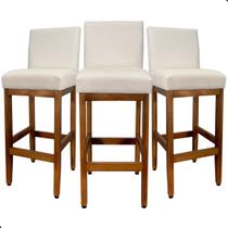 Kit 3 Banquetas Altas Estofada Encosto Tecido Linho Madeira Maciça Eucalipto para Cozinha Bistrô Bancada Gourmet Americana