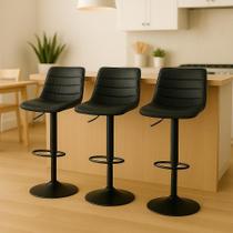 Kit 3 Banquetas Altas Estofados Com Encosto Alto Giratória Para Cozinha Barbacena Éssen Preto