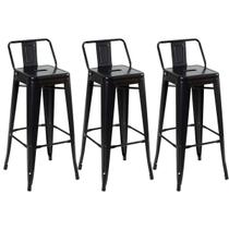 Kit 3 Banquetas Altas Industriais Pretas em Aço 76cm com Encosto Estilo Tolix