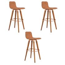 Kit 3 Banquetas Altas Luxo Linea Aço Cobre Linho Terracota Base Carvalho