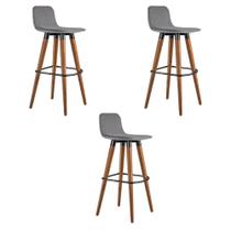 Kit 3 Banquetas Altas Luxo Linea Aço Preto Linho Cinza Base Carvalho