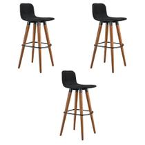 Kit 3 Banquetas Altas Luxo Linea Aço Preto Linho Preto Base Carvalho