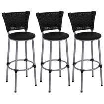 Kit 3 Banquetas Altas Prata com Encosto Junco Preto Assento Preto Kit 3 Banquetas Altas Prata com Encosto Junco Preto Assento Preto