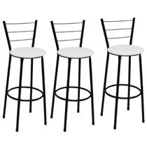 Kit 3 Banquetas Altas Preta com Encosto Assento Branco