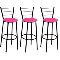 Kit 3 Banquetas Altas Preta com Encosto Assento Rosa