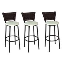 Kit 3 Banquetas Altas Preta com Encosto Junco Argila Assento Branco