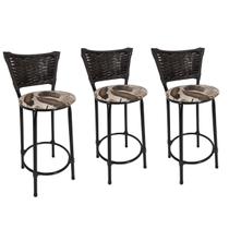 Kit 3 Banquetas Altas Preta com Encosto Junco Argila Assento Floral Marrom