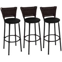 Kit 3 Banquetas Altas Preta com Encosto Junco Argila Assento Preto Kit 3 Banquetas Altas Preta com Encosto Junco Argila Assento Preto