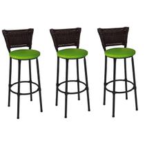 Kit 3 Banquetas Altas Preta com Encosto Junco Argila Assento Verde
