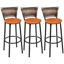Kit 3 Banquetas Altas Preta com Encosto Junco Capuccino Assento Laranja Kit 3 Banquetas Altas Preta com Encosto Junco Capuccino Assento Laranja