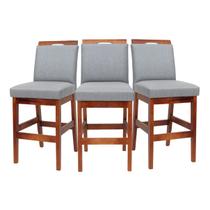 Kit 3 Banquetas Baixa 60cm Para Cozinha De Madeira Maciça Estofada Com Encosto Para Bancada Americana E Área Gourmet