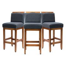 Kit 3 Banquetas Baixa 63cm Estofadas com Encosto Madeira Maciça de Eucalipto Tecido Linho Cozinha Bar Area Gourmet Bancada Americana