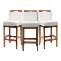 Kit 3 Banquetas Baixa 63cm Estofadas com Encosto Madeira Maciça de Eucalipto Tecido Linho Cozinha Bar Area Gourmet Bancada Americana