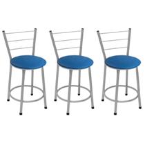 Kit 3 Banquetas Baixas Prata com Encosto Assento Azul