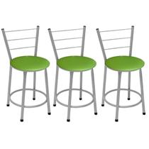 Kit 3 Banquetas Baixas Prata com Encosto Assento Verde