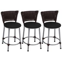 Kit 3 Banquetas Baixas Prata com Encosto Junco Argila Assento Preto