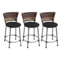 Kit 3 Banquetas Baixas Prata com Encosto Junco Capuccino Assento Preto