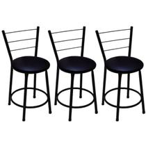 Kit 3 Banquetas Baixas Preta com Encosto Assento Preto