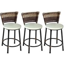 Kit 3 Banquetas Baixas Preta com Encosto Junco Capuccino Assento Branco Kit 3 Banquetas Baixas Preta com Encosto Junco Capuccino Assento Branco