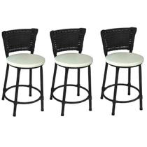 Kit 3 Banquetas Baixas Preta com Encosto Junco Preto Assento Branco