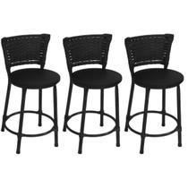 Kit 3 Banquetas Baixas Preta com Encosto Junco Preto Assento Preto Kit 3 Banquetas Baixas Preta com Encosto Junco Preto Assento Preto