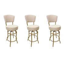 Kit 3 Banquetas Bar cor Dourado Fosco Bancada Média Altura 65cm Giratória Encosto estofado Assento Linho Bege