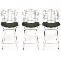 Kit 3 Banquetas BERTOIA cromada assento preto altura 70cm - Poltronas do Sul