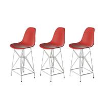 Kit 3 Banquetas Bistrô Alta Eames Vermelha Base Ferro Branco - Cor: Vermelho Kit 3 Banquetas Bistrô Alta Eames Vermelha Base Ferro Branco - Cor: Vermelho