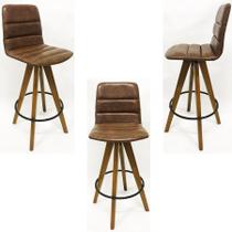 Kit 3 Banquetas Decorativa Helena Gomada Marrom Base Giratória Madeira - Poltronas do Sul