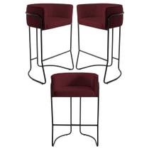 Kit 3 Banquetas Decorativas Base Aço Preto Betina B-278 Veludo Marsala - Domi