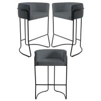 Kit 3 Banquetas Decorativas Base Aço Preto Betina B-317 Veludo Cinza Escuro - Domi