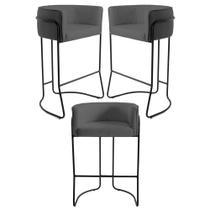 Kit 3 Banquetas Decorativas Base Aço Preto Betina C-03 Corano Cinza Fosco - Domi