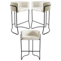 Kit 3 Banquetas Decorativas Base Aço Preto Betina C-107 Linho Bege - Domi Kit 3 Banquetas Decorativas Base Aço Preto Betina C-107 Linho Bege - Domi