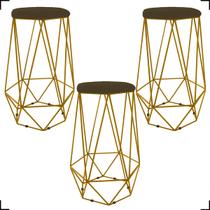 Kit 3 Banquetas Decorativas Para Sala Hexagonal Aramado Base Bronze/Dourada/Preta Suede Cores - Clique E Decore